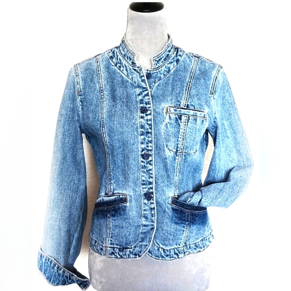 Mossimo Denim Jacket Y2K Light Wash Button Band Collar Flap Pocket Blue